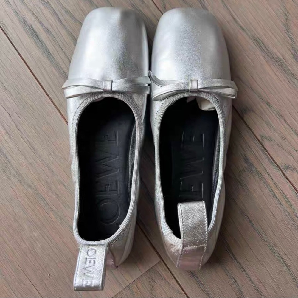 Loewe Shimmering Silver Flats with Bow